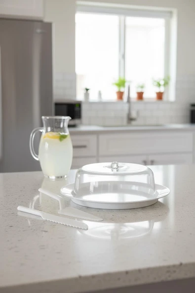 Akrilik Beyaz Kek Fanusu ve Servis Seti - 33 x 39 x 14 cm - Resim 2