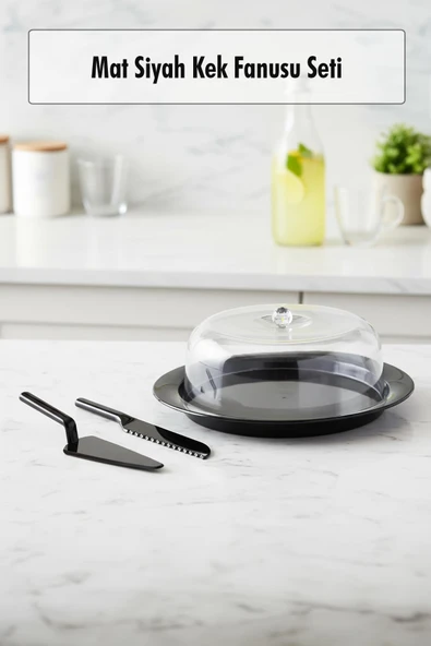 Akrilik Mat Siyah Kek Fanusu ve Servis Seti - 33 x 39 x 14 cm ürün görseli 1