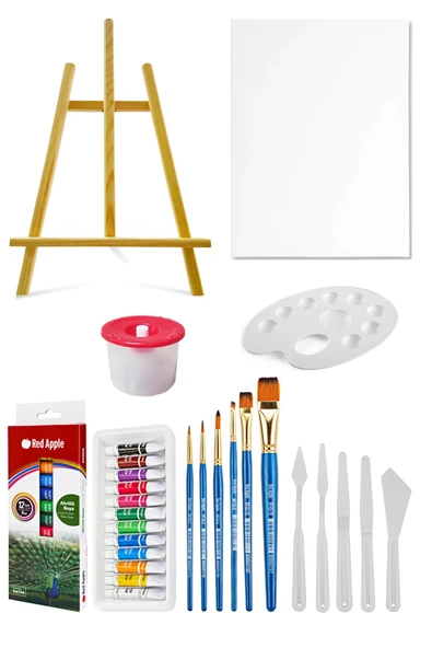 Masaüstü Şövale Akrilik Boya Seti 9 ml 12'li Tuval Seti 35x50 Plastik Spatula Seti ürün görseli