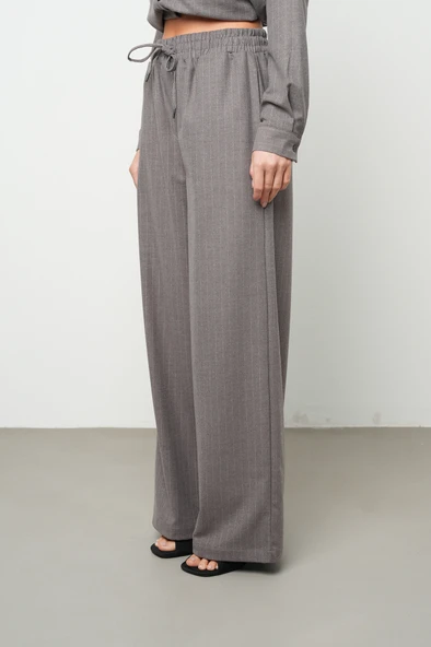 Kadın Bol Paça Beli Lastikli Çizgili Desenli Pantolon - 2