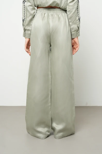 Kadın Bol Paça Beli Lastikli Bağcıklı Düz Renk Pantolon - 5