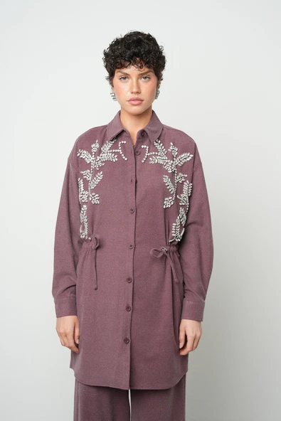 Kadın Taş İşlemeli Belden Bağlamalı Düz Renk Uzun Tesettüre Uygun Ceket - 6