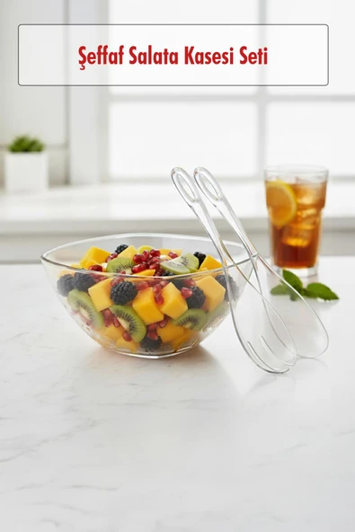 3,5 Lt Şeffaf Akrilik Salata Servis Kasesi ve Çatal Kaşık Seti - 3 Parça ürün görseli 1