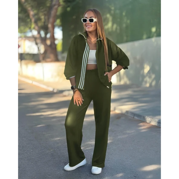 Lucky Life Kadın Uzun Kollu Kapşonlu Onu şerit Detaylı Fermuarlı Viskon Iki Iplik Bluz Ve Pantolon Ikili Takım - 2