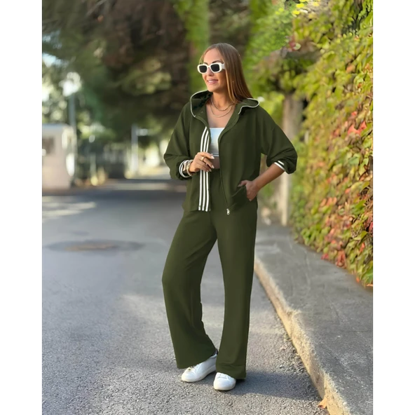 Lucky Life Kadın Uzun Kollu Kapşonlu Onu şerit Detaylı Fermuarlı Viskon Iki Iplik Bluz Ve Pantolon Ikili Takım