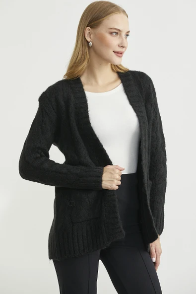 Saç Örgü Motifli Cepli Triko Hırka - Siyah - Resim 4