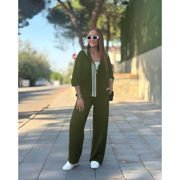 Lucky Life Kadın Uzun Kollu Kapşonlu Onu şerit Detaylı Fermuarlı Viskon Iki Iplik Bluz Ve Pantolon Ikili Takım - 3