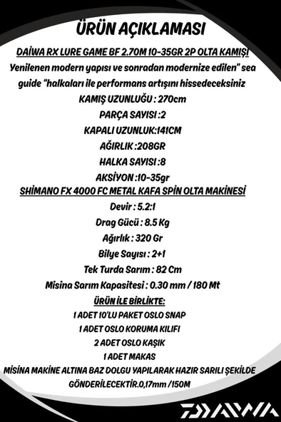 Daiwa RX Lure BF 270cm 10-35gr Shimano FX 4000 8 Örgü Spin Olta Seti - Resim 2