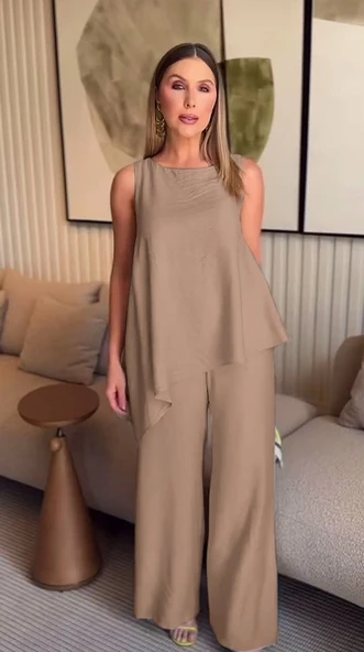 Asimetrik Bluz - Pantolon İkili Takım - Resim 3