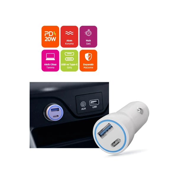 Polosmart PSM133 20W PD Hızlı Araç Şarj Cihazı Type-C + USB Çıkış Çift Port Akıllı Şarj Beyaz - 2