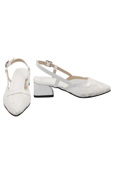 Celira Beyaz Tüllü Klasik Kısa Topuk Kadın Ayakkabı - Resim 2