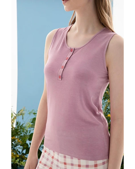 English Home Summer Check Viskon Kadın Pijama Takımı Lila M  Yumuşak ve Nefes Alan Kumaşlı Yazlık Ev Giyimi - Resim 4