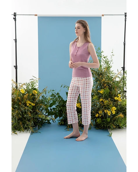 English Home Summer Check Viskon Kadın Pijama Takımı Lila M  Yumuşak ve Nefes Alan Kumaşlı Yazlık Ev Giyimi - Resim 2