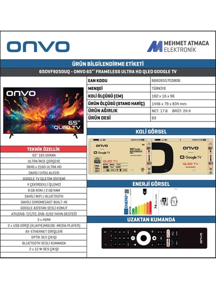 Onvo 65OVF9250UQ 65" 165 Ekran Uydu Alıcılı 4K Ultra HD Google Smart QLED TV - Resim 2