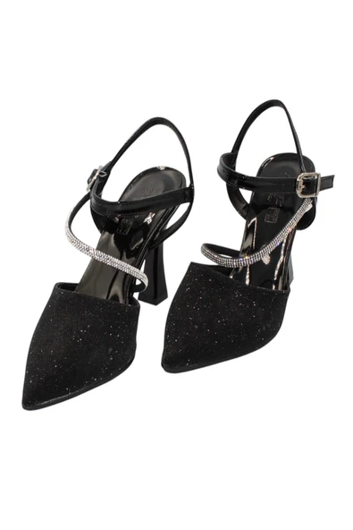 Celira Siyah Taşlı Simli Klasik Topuk Kadın Ayakkabı - Resim 3
