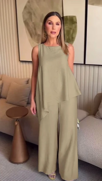 Asimetrik Bluz - Pantolon İkili Takım - Resim 3