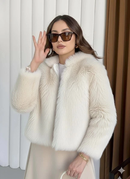 Fermuarlı kısa kürk siyah ekru t7746 ürün görseli