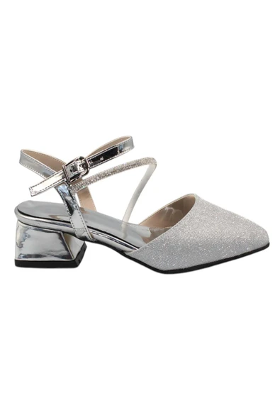 Celira Gümüş Taşlı Simli Kısa Topuk Kadın Ayakkabı ürün görseli
