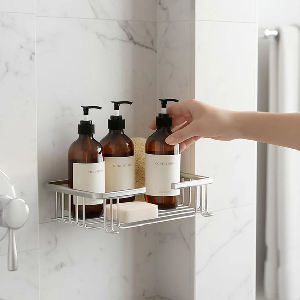 Banyo Köşe Duş Rafı Krom Tek Katlı Kare Şampuanlık Sabunluk Paslanmaz Metal Duvar Tipi Organizer - Resim 5