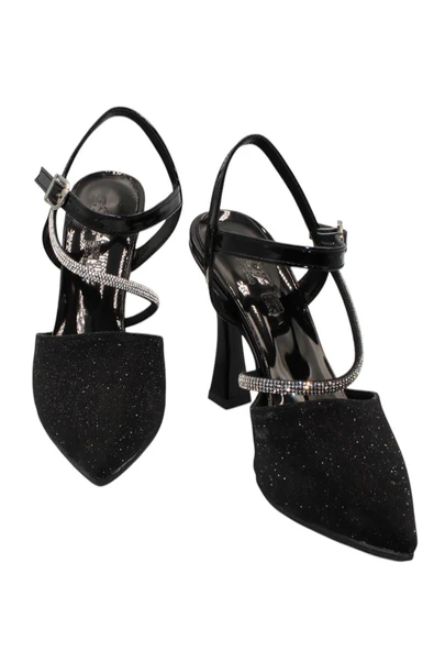 Celira Siyah Taşlı Simli Klasik Topuk Kadın Ayakkabı - Resim 5