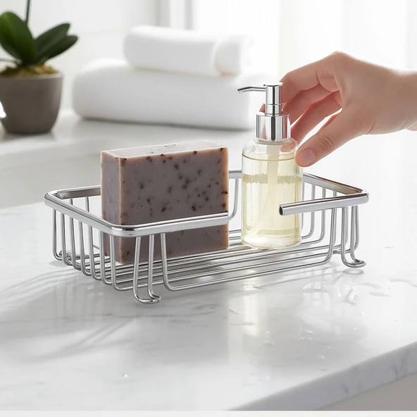 Banyo Köşe Duş Rafı Krom Tek Katlı Kare Şampuanlık Sabunluk Paslanmaz Metal Duvar Tipi Organizer - Resim 4