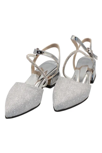 Celira Gümüş Taşlı Simli Kısa Topuk Kadın Ayakkabı - Resim 4