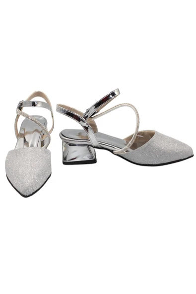 Celira Gümüş Taşlı Simli Kısa Topuk Kadın Ayakkabı - Resim 6