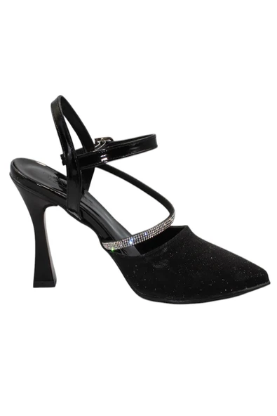 Celira Siyah Taşlı Simli Klasik Topuk Kadın Ayakkabı - Resim 6