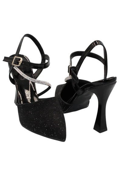 Celira Siyah Taşlı Simli Klasik Topuk Kadın Ayakkabı - Resim 4