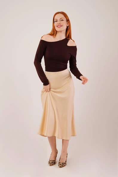 Çan Kesim Midi Krem Saten Etek - Resim 4