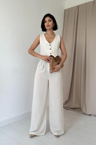 Bej Önü Düğmeli Yelek Ve Pantolon Takım ürün görseli