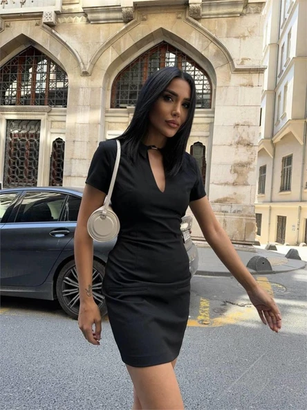 POLO YAKA YAKA KEMER DETAYLI KALEM ELBİSE - Siyah ürün görseli 1