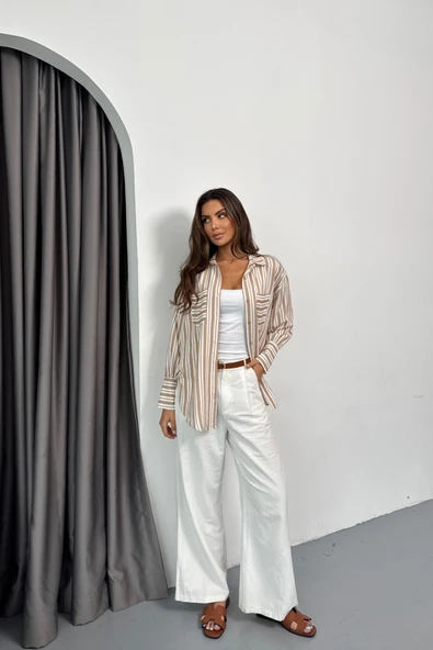 ÇİZGİLİ GÖMLEK - Bej ürün görseli 1