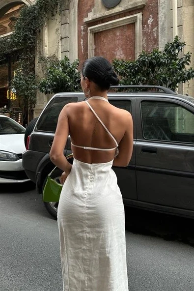 Trisha Sırt Dekolteli Keten Elbise 2496-20 ELBİSE - Resim 2