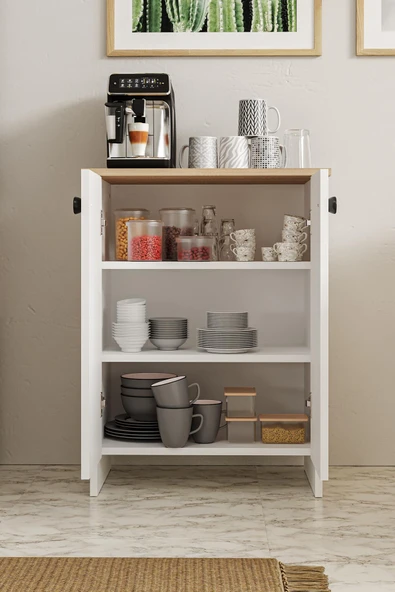 Dorta Mutfak Dolabı 2 Kapaklı 3 Raflı Kahve Köşesi Kiler Dolabı Beyaz Meşe - 4