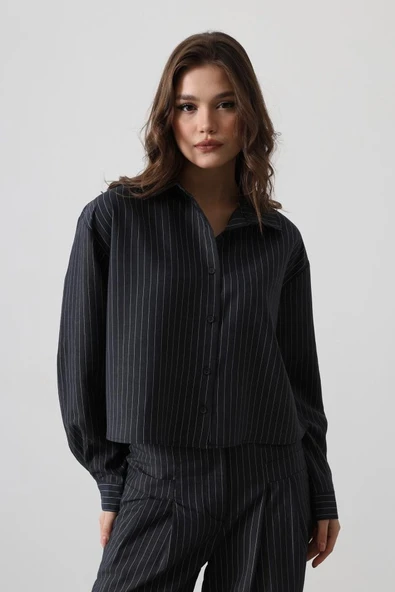 Çizgili Gömlek Pantolon Takım - Lacivert - Resim 4