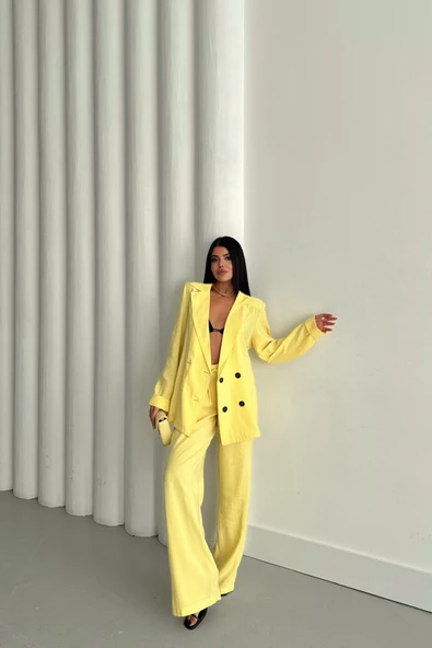 MODAL 4 DÜĞME ASTARSIZ CEKET - PANTOLON TAKIM - Sarı - Resim 4