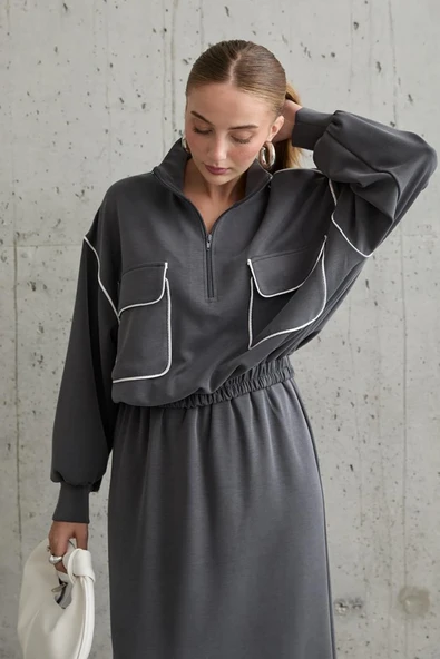 Füme Biyeli Sweatshirt Ve Etek Takım - Resim 3