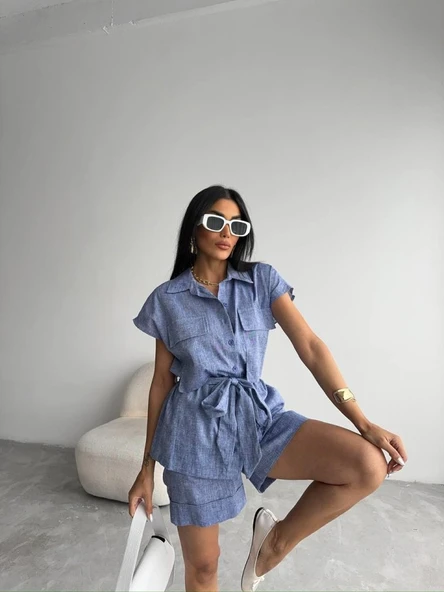 KETEN BAĞLAMALI KOLSUZ GÖMLEK - DUBLE PAÇA ŞORT TAKIM - Lacivert - Resim 3