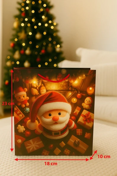 3 Boyutlu Küçük Noel Babalı Yılbaşı Temalı Hediye Paketi & Çanta & Poşet 23*18*10 cm - Resim 3