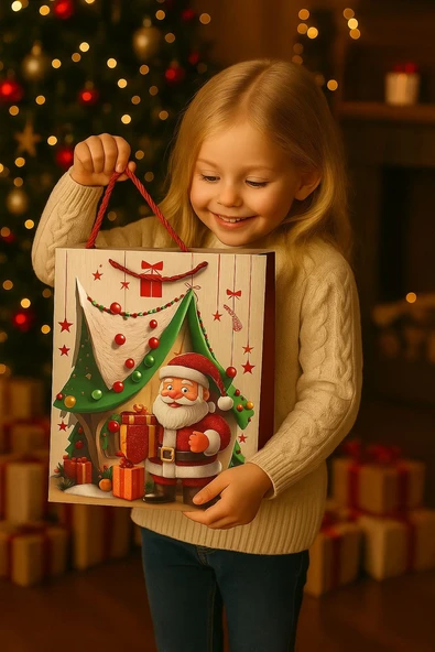 Karma 3 Boyutlu Büyük Noel Babalı Yılbaşı Temalı Hediye Paketi & Çanta & Poşet 40*30*12 cm ürün görseli