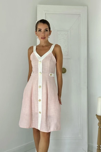 Pudra Ekru Süs Cepli Askılı Elbise - Resim 2