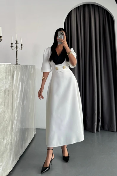 TASARIM ELBİSE CEKET YAKA GOLD DÜĞME DETAYLI KISA KOL - Beyaz - Resim 3