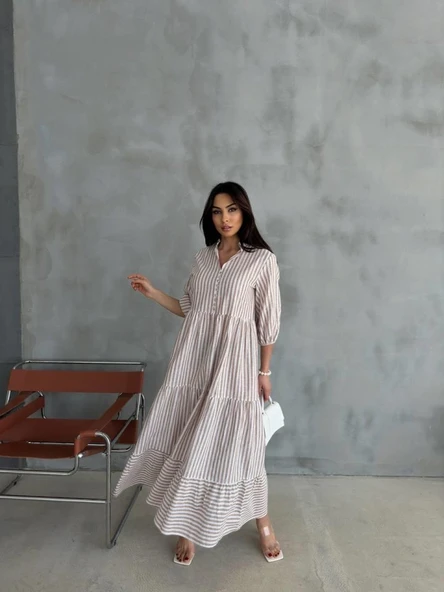 ÇİZGİLİ KETEN HAKİM YAKA DÜĞMELİ SALAŞ ELBİSE - Kahverengi ürün görseli 1