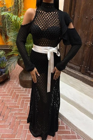 Saten Kuşaklı Ajurlu Triko Elbise 2847 - Resim 6