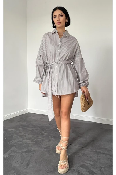Kahverengi Çizgili Poplin Kuşaklı Gömlek - Resim 3