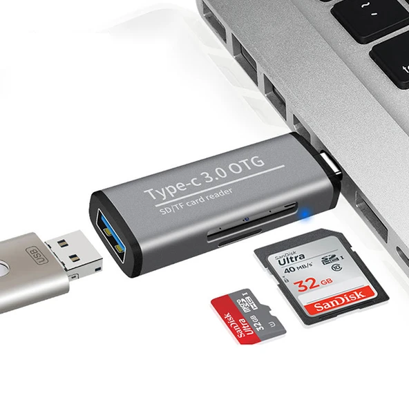USB 3.0 TF SD Kart Okuyucu USB Type-C OTG Adaptör ADS-103 - Resim 4