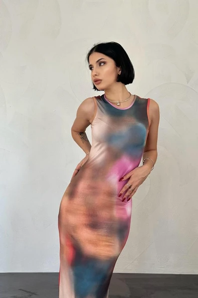 Renkli Batik Desenli Elbise - Resim 2