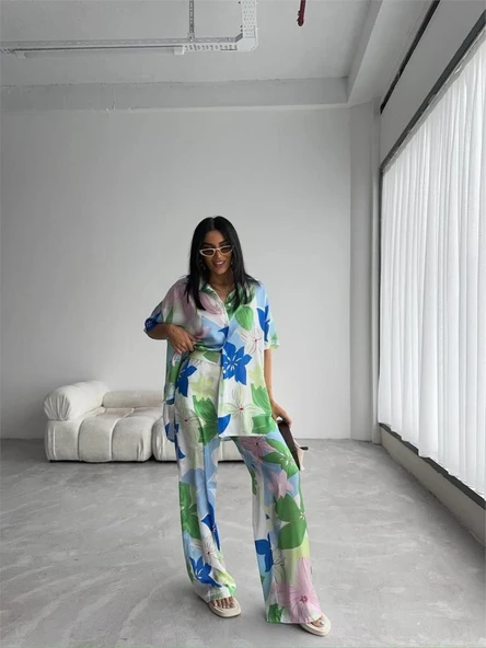 YEŞİL BÜYÜK ÇİÇEK DESEN SATEN GÖMLEK-PANTOLON TAKIM - Yeşil ürün görseli