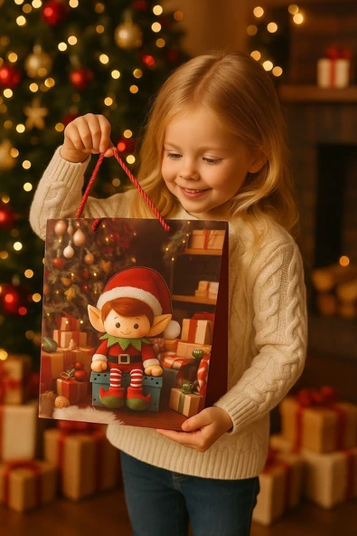 3 Boyutlu Büyük Elf Yılbaşı Temalı Hediye Paketi & Çanta & Poşet 40*30*12 cm ürün görseli